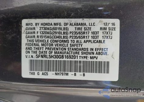 2016 Honda Odyssey Se из США, поврежденный, VIN 5FNRL5H30GB169201